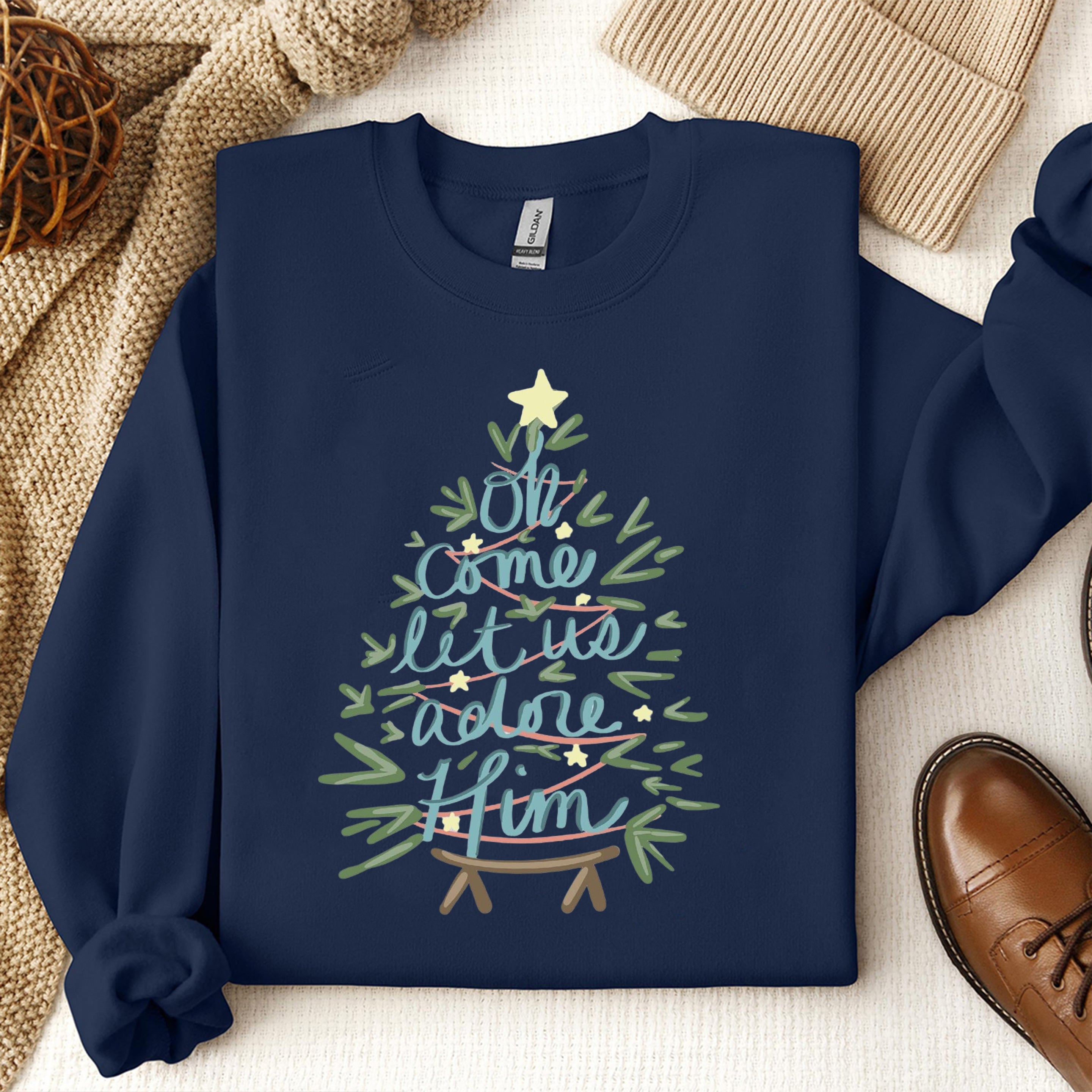 Christian Christmas Sweatshirt, Oh Come Let Us Adore Him Sweater, Religious Holiday Shirt, Faith Based Christmas Outfit for Women Men